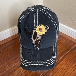 Black Cap with Bull Skull and Sunflower Embroidery - Kbethos Vintage